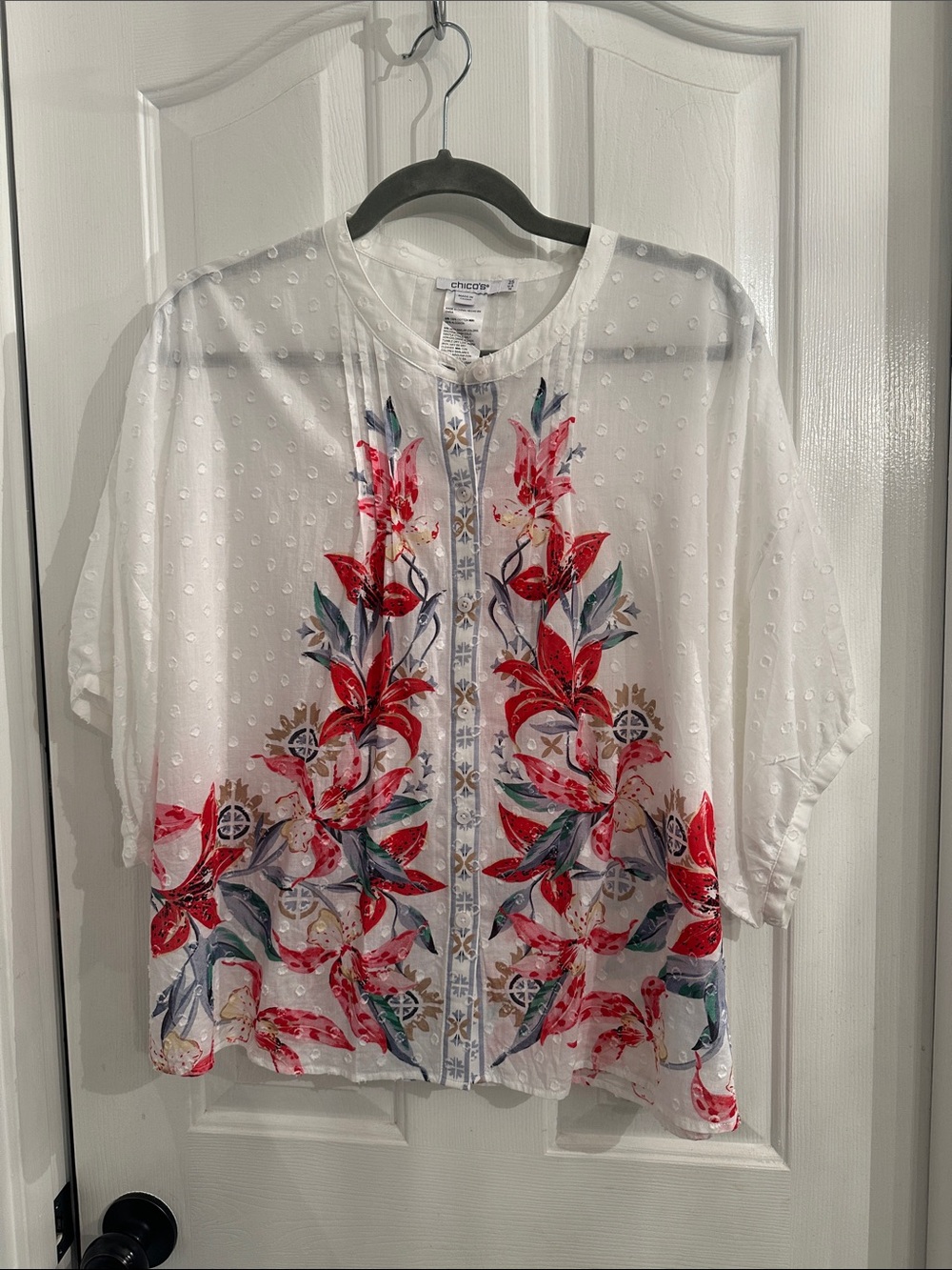 Chico's White Blouse with Red Floral and Green Leaf Border